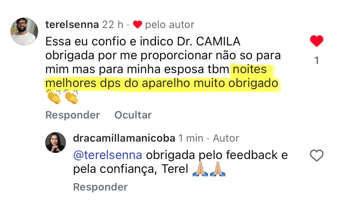 Comentário no Instagram: noites melhores depois do aparelho