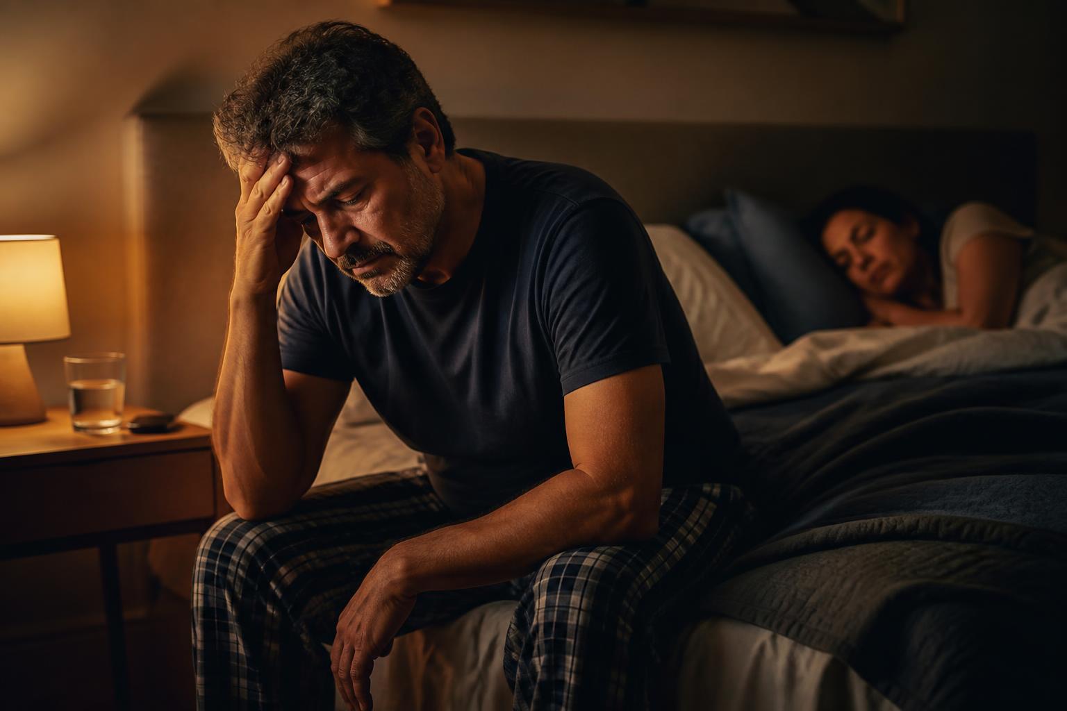 Homem cansado sentado na cama à noite